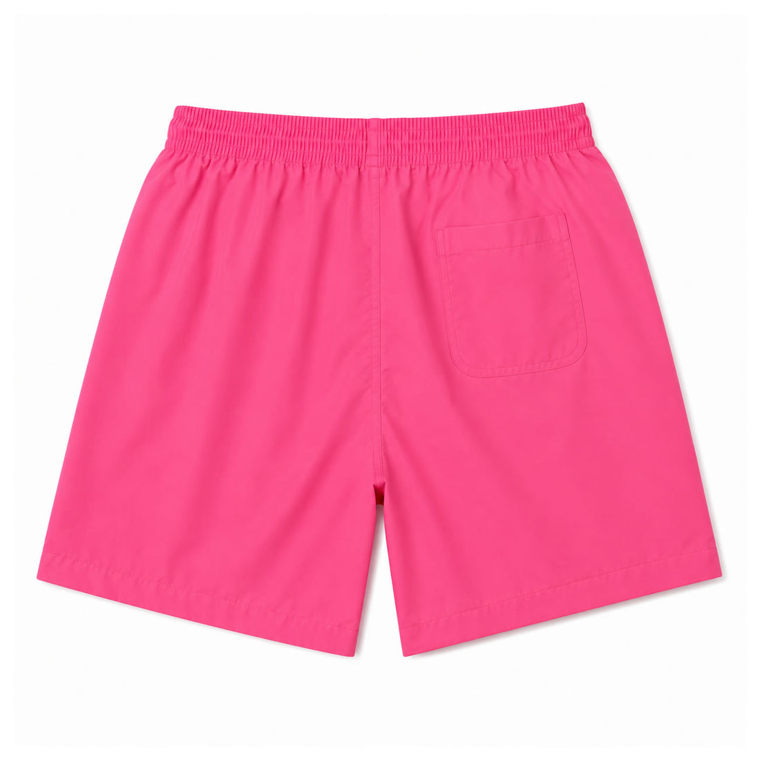 Bright pink swim shorts with an elastic waistband and a side pocket, shown from the back on a white background.