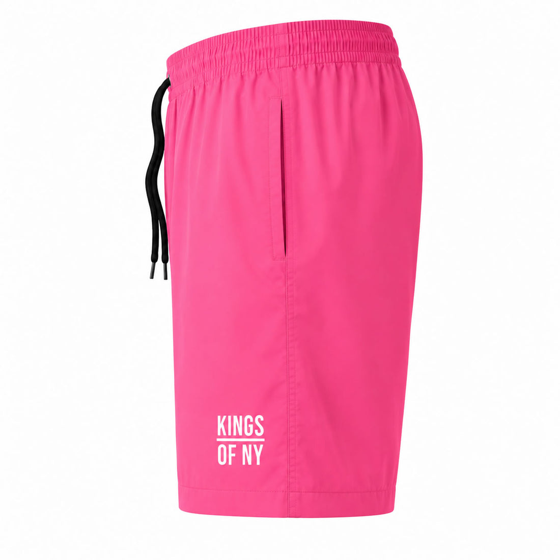 Bright pink athletic shorts with a black drawstring and white 'KINGS OF NY' text printed on the lower left leg, shown against a plain white background.