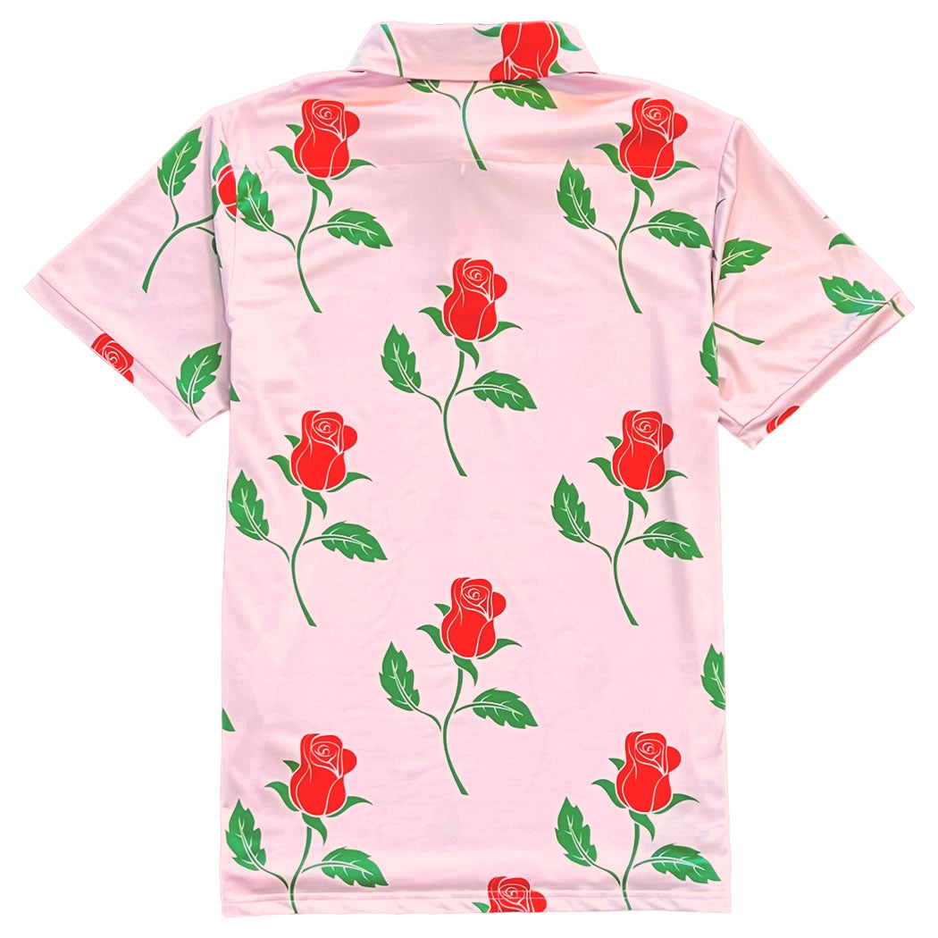 Pink Red Rose Floral Print Mens Golf Polo Shirt Back