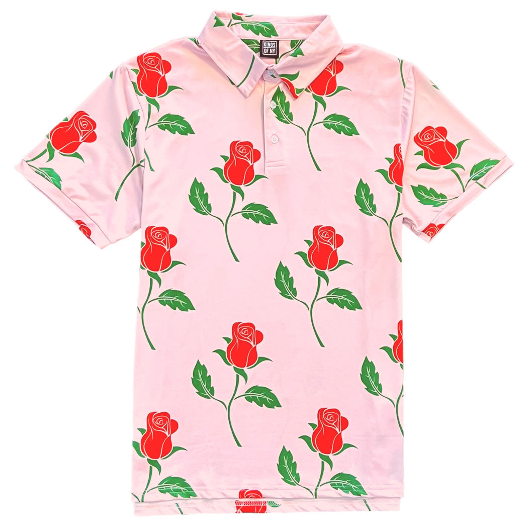 Pink Red Rose Floral Print Mens Golf Polo Shirt