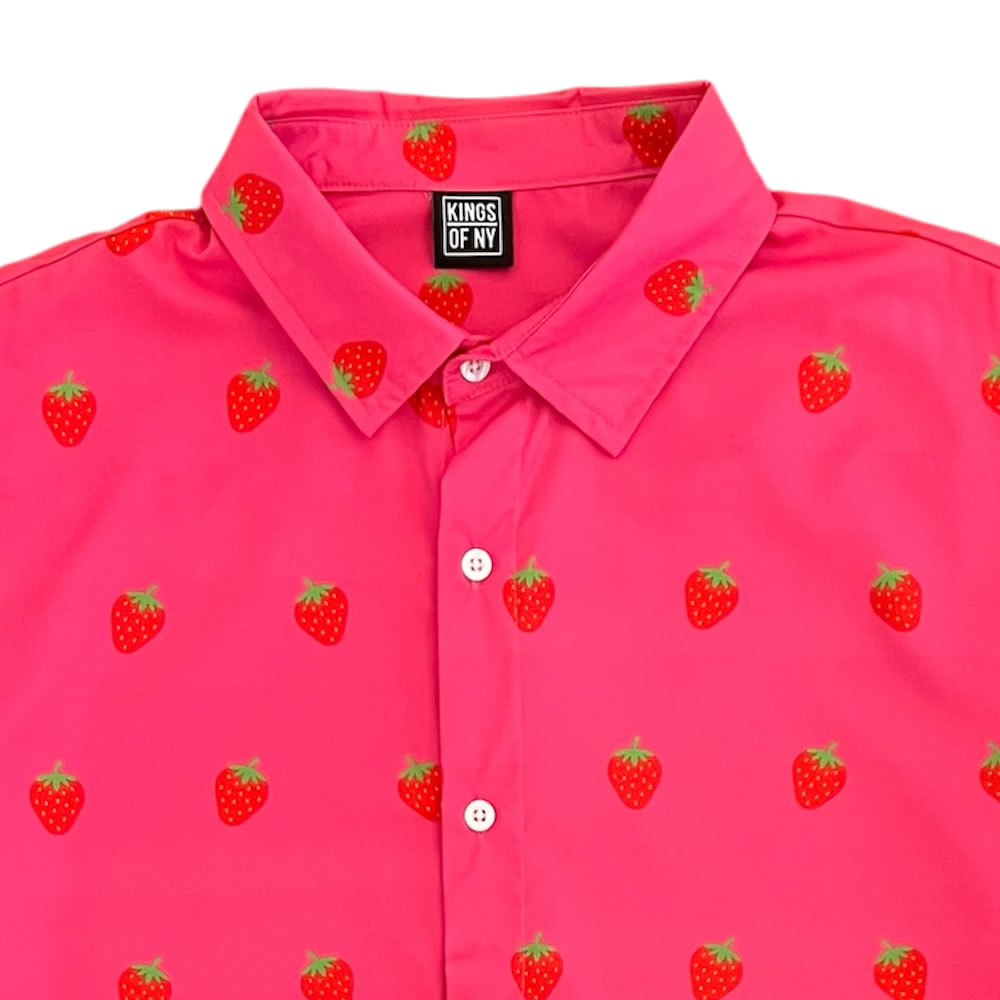 strawberry seed shirt Pink Strawberry Fruit Print Men’s Short Sleeve Button Down Shirt Medium / Hot Pink
