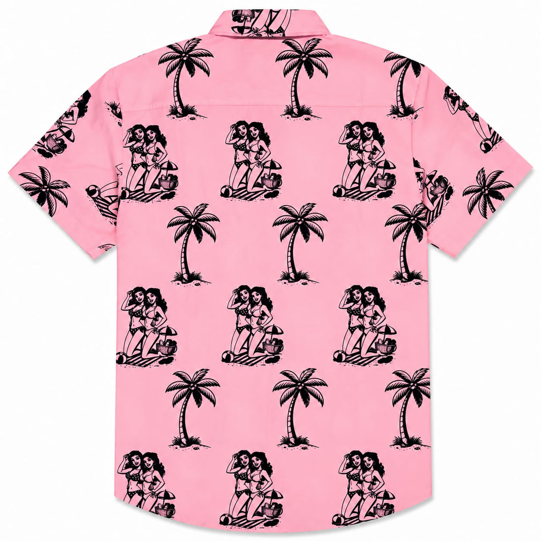 Men's pink tropical beach party button down shirt with palm tree and retro beach print
