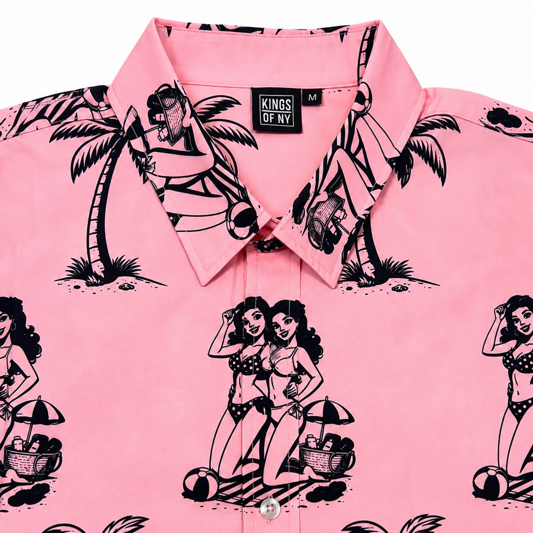 Pink shirt with black graphic designs of women in bikinis and palm trees, featuring 'Kings of NY' branding.