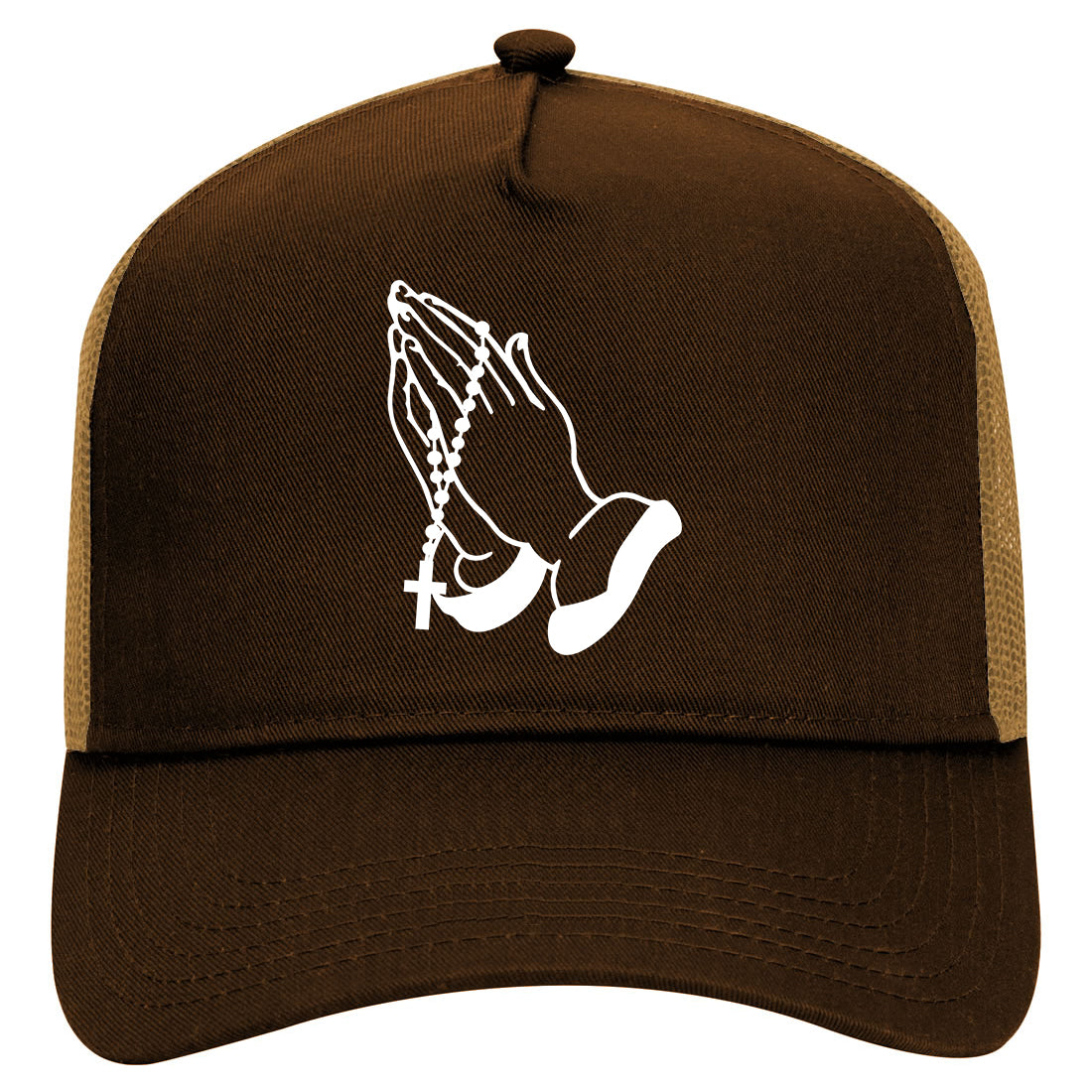 Prayer Hands Religious Rosary Mens Mesh Trucker Hat Brown