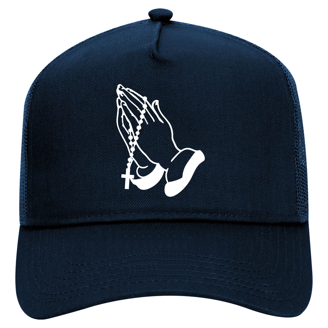 Prayer Hands Religious Rosary Mens Mesh Trucker Hat Navy Blue