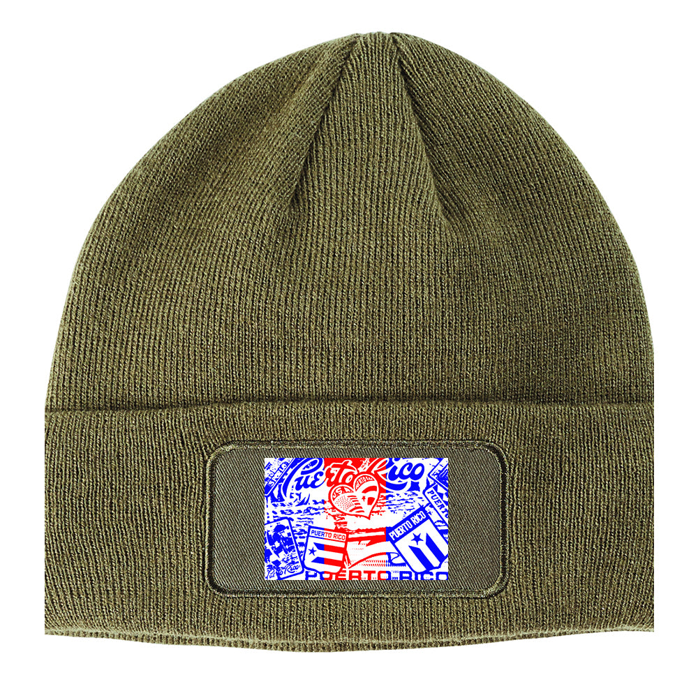 Puerto Rico Artwork PR Rican Winter Knit Adult Beanie Hat Olive Green