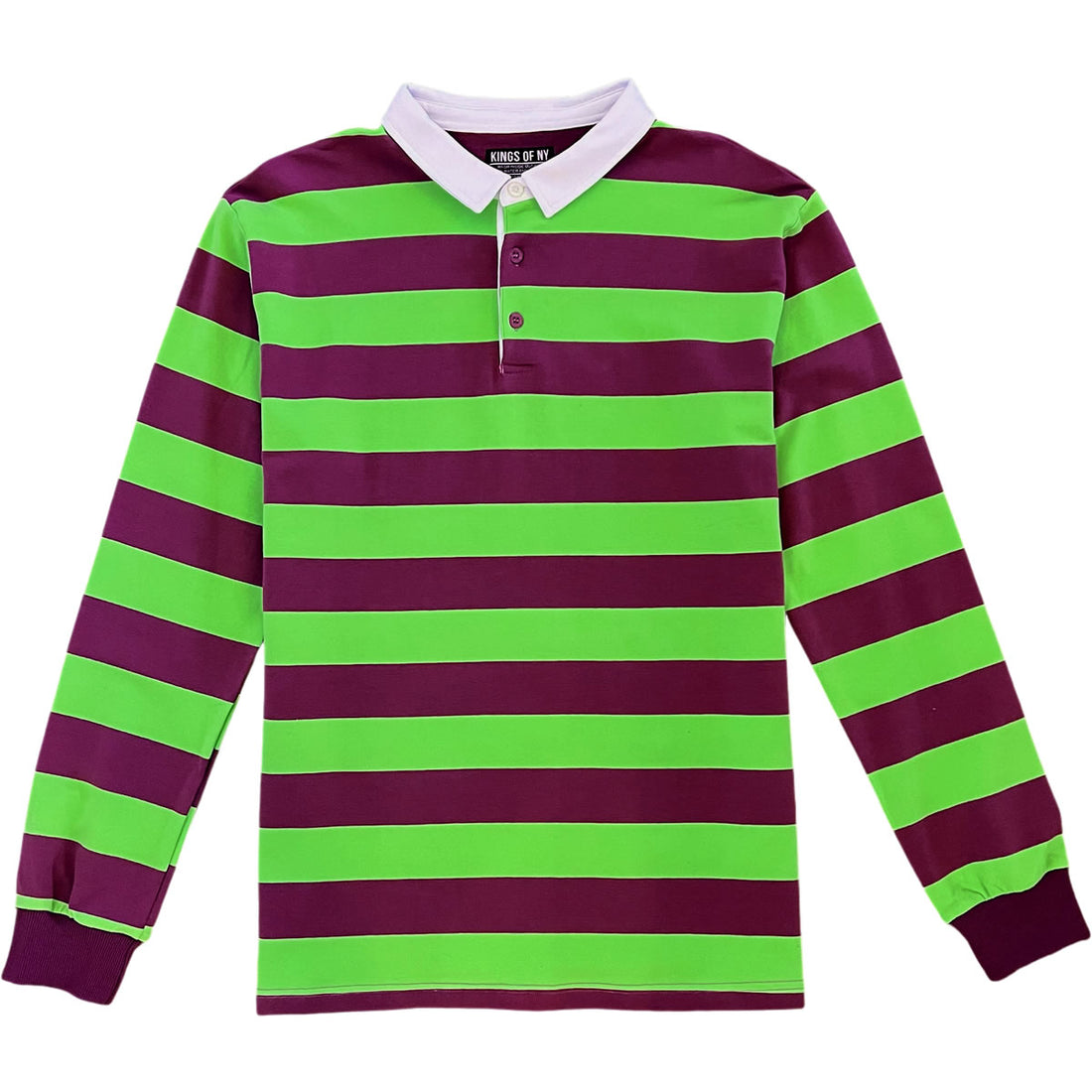 Purple And Green Striped Mens Long Sleeve Rugby Shirt