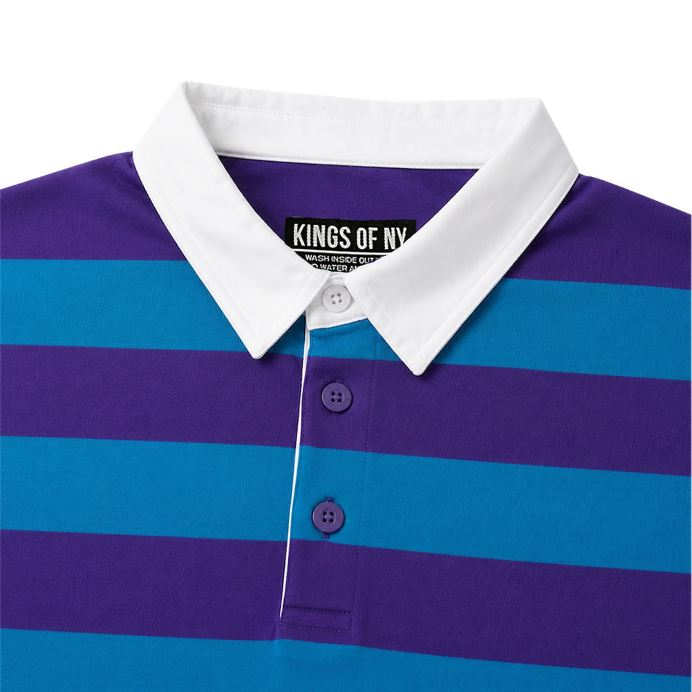 Close-up of a striped polo shirt with horizontal purple and blue bands, a white pointed collar, and a black neck label reading KINGS OF NY.
