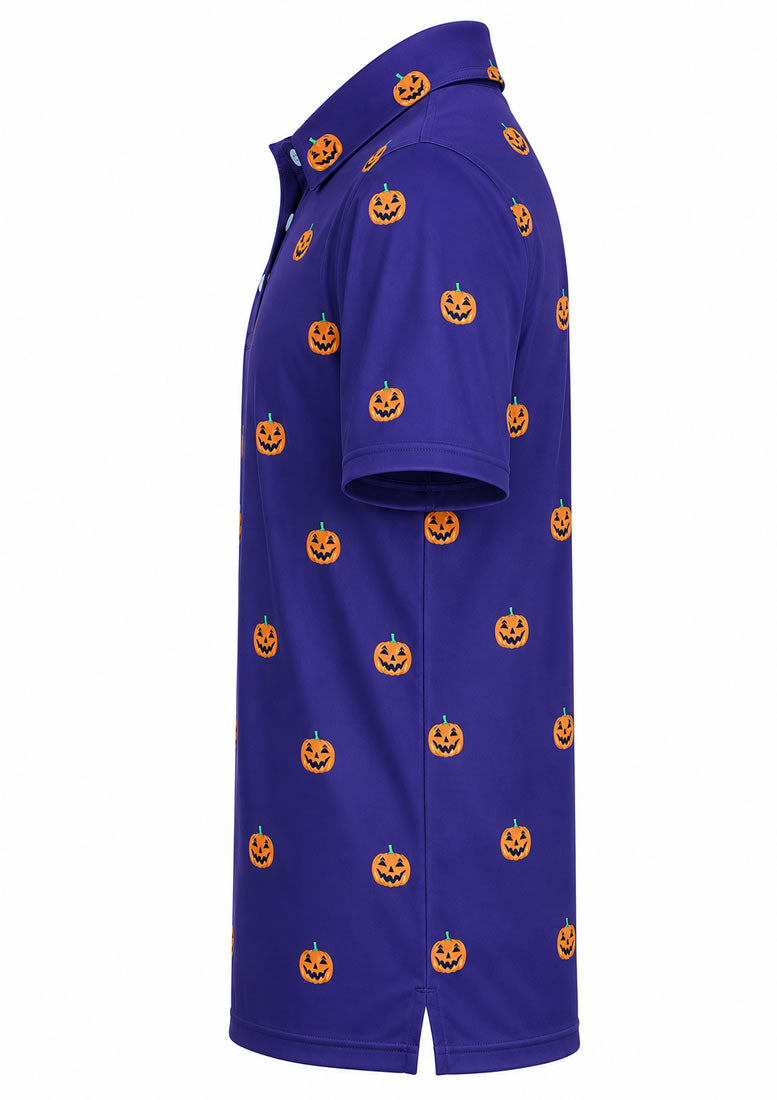 A short-sleeve polo shirt in a deep purple color, featuring an all-over pattern of orange jack-o'-lantern pumpkins, shown from a side profile view against a plain white background.