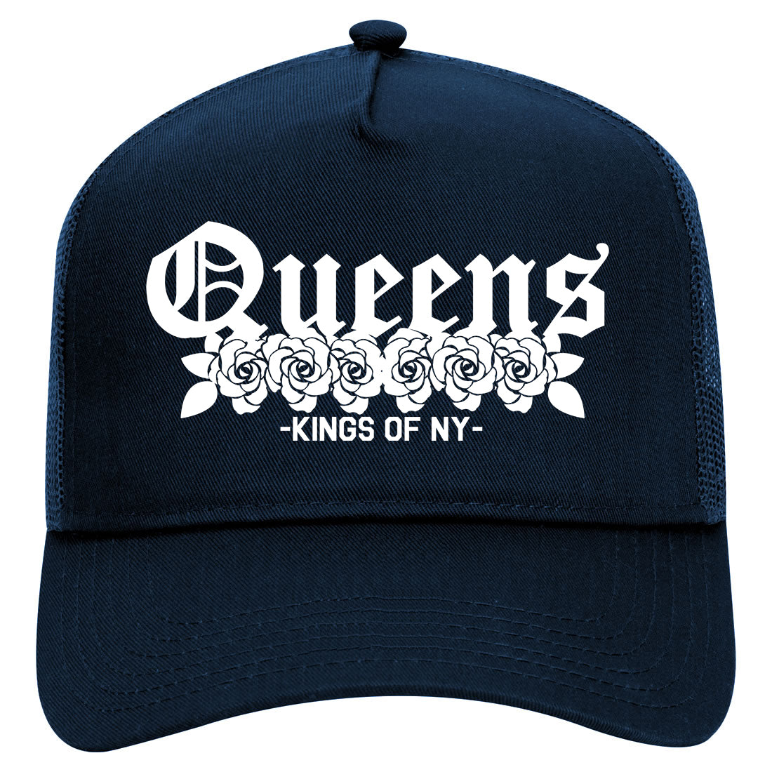 Queens Roses Kings Of NY Mens Mesh Trucker Hat Navy Blue