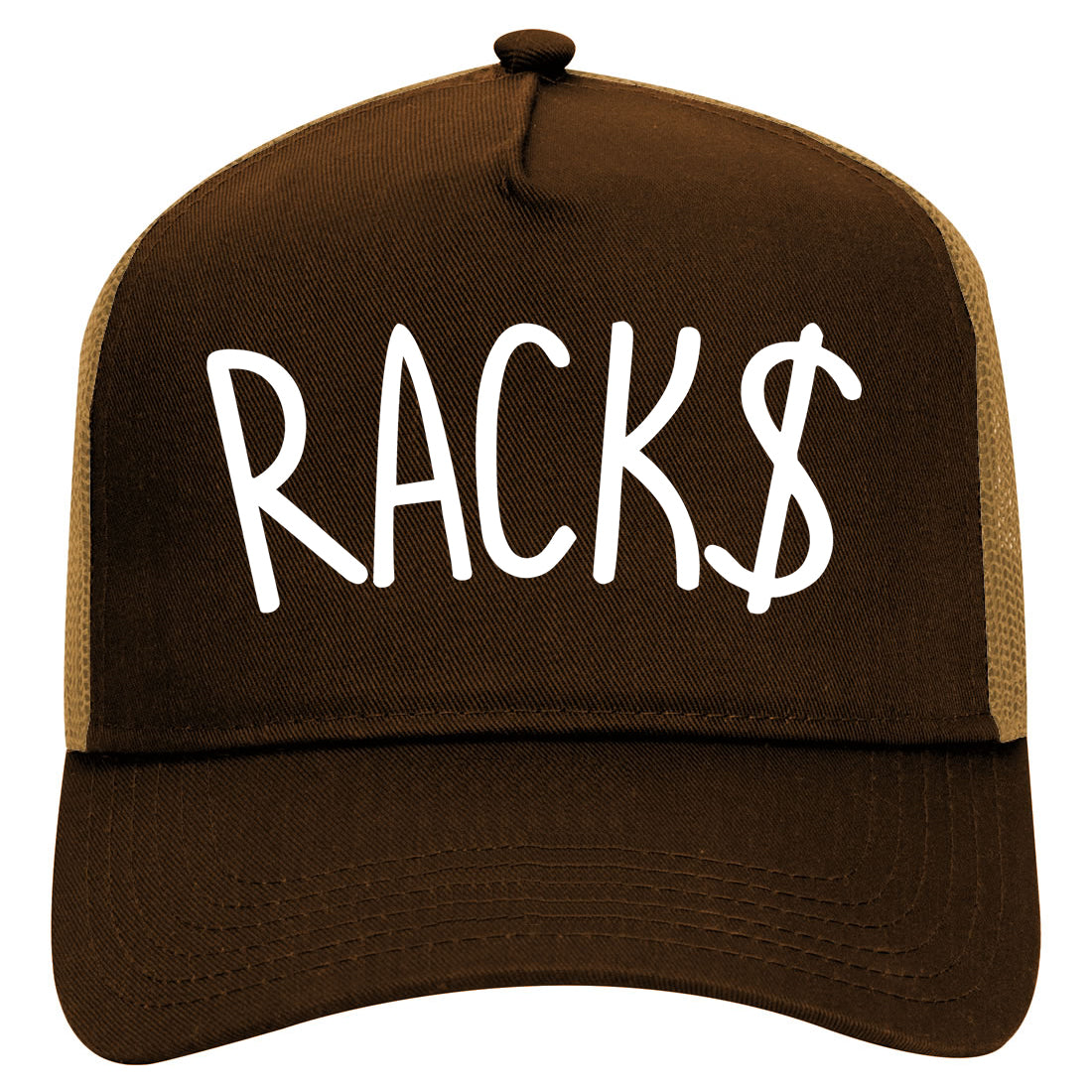 Racks Money Sign Mens Mesh Trucker Hat Brown