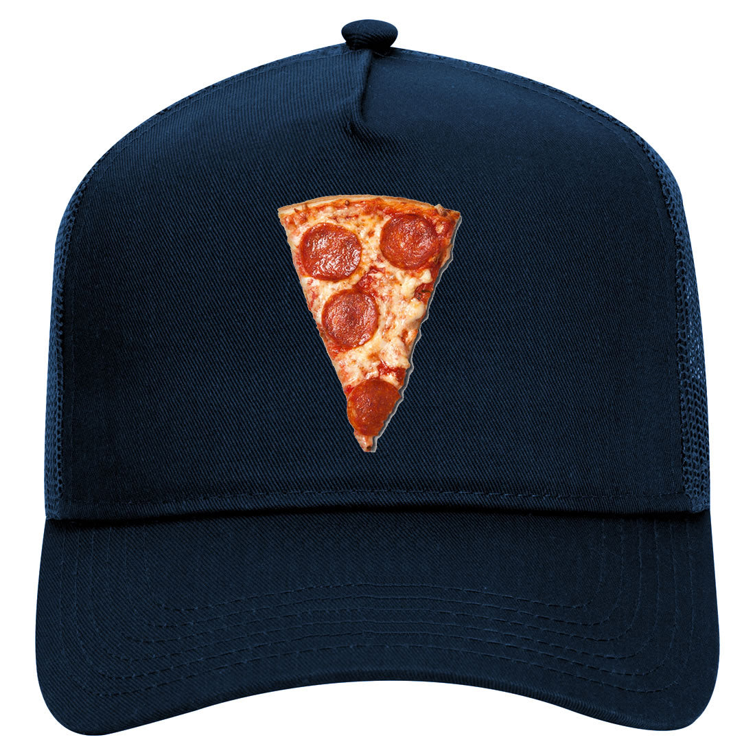 Real Pizza Slice Pepperoni Mens Mesh Trucker Hat Navy Blue