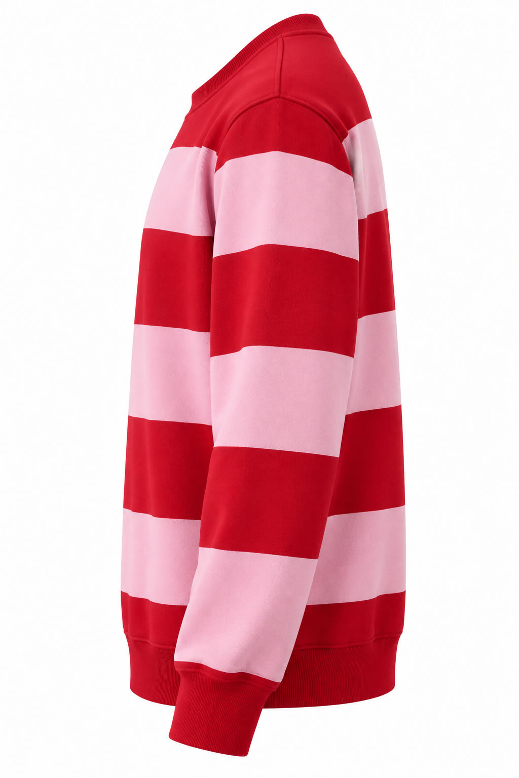 Red and Pink Striped Men's French Terry Crewneck Sweatshirt Side View