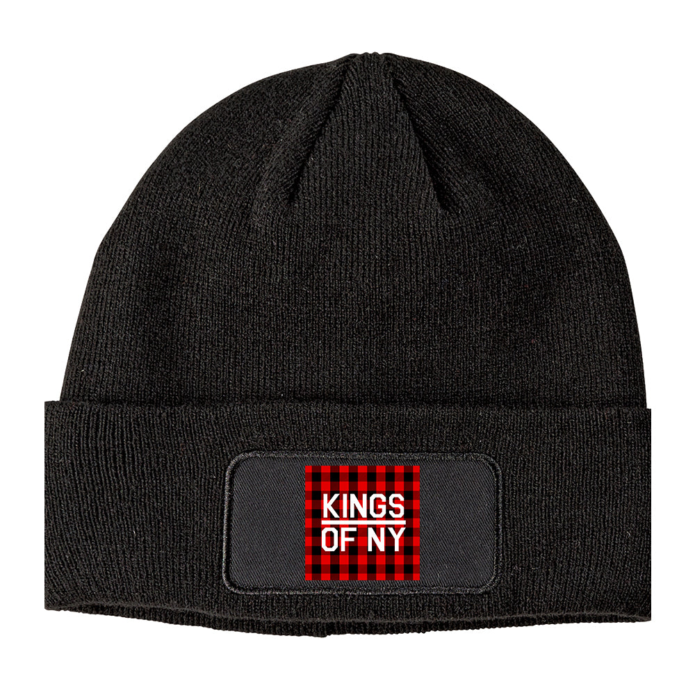 Red Black Buffalo Plaid Box Logo Winter Knit Adult Beanie Hat Black