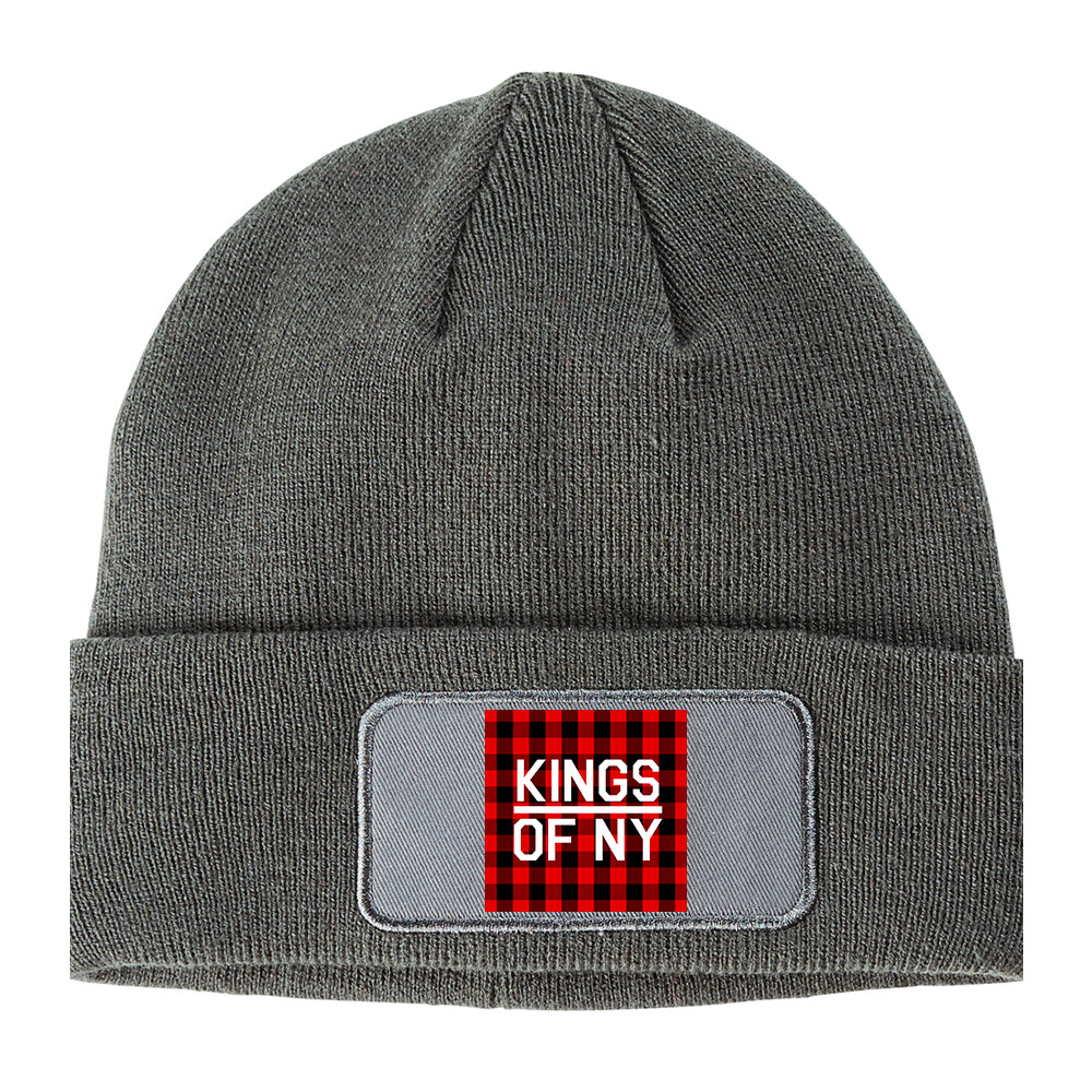 Red Black Buffalo Plaid Box Logo Winter Knit Adult Beanie Hat Grey
