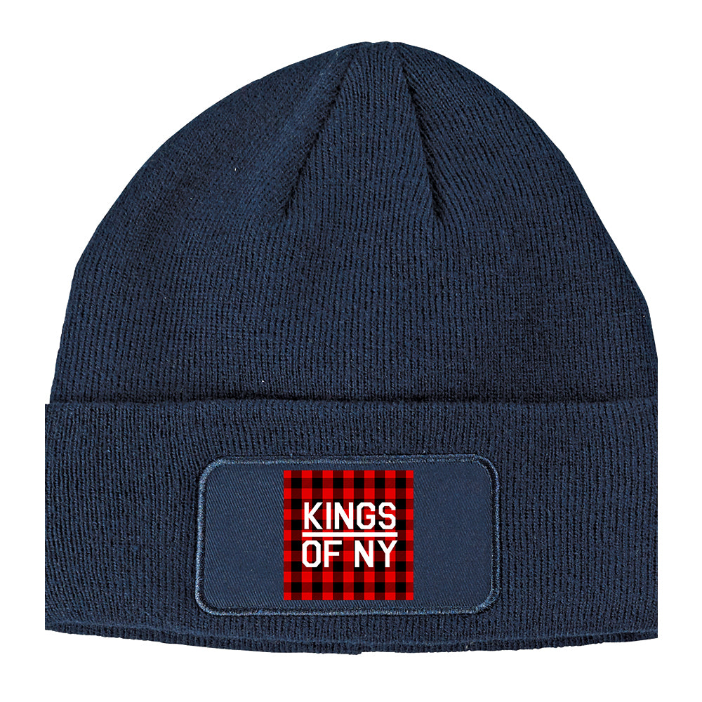 Red Black Buffalo Plaid Box Logo Winter Knit Adult Beanie Hat Navy Blue
