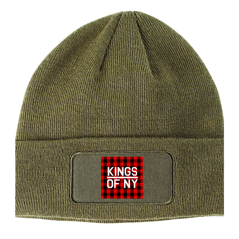 Red Black Buffalo Plaid Box Logo Winter Knit Adult Beanie Hat Olive Green