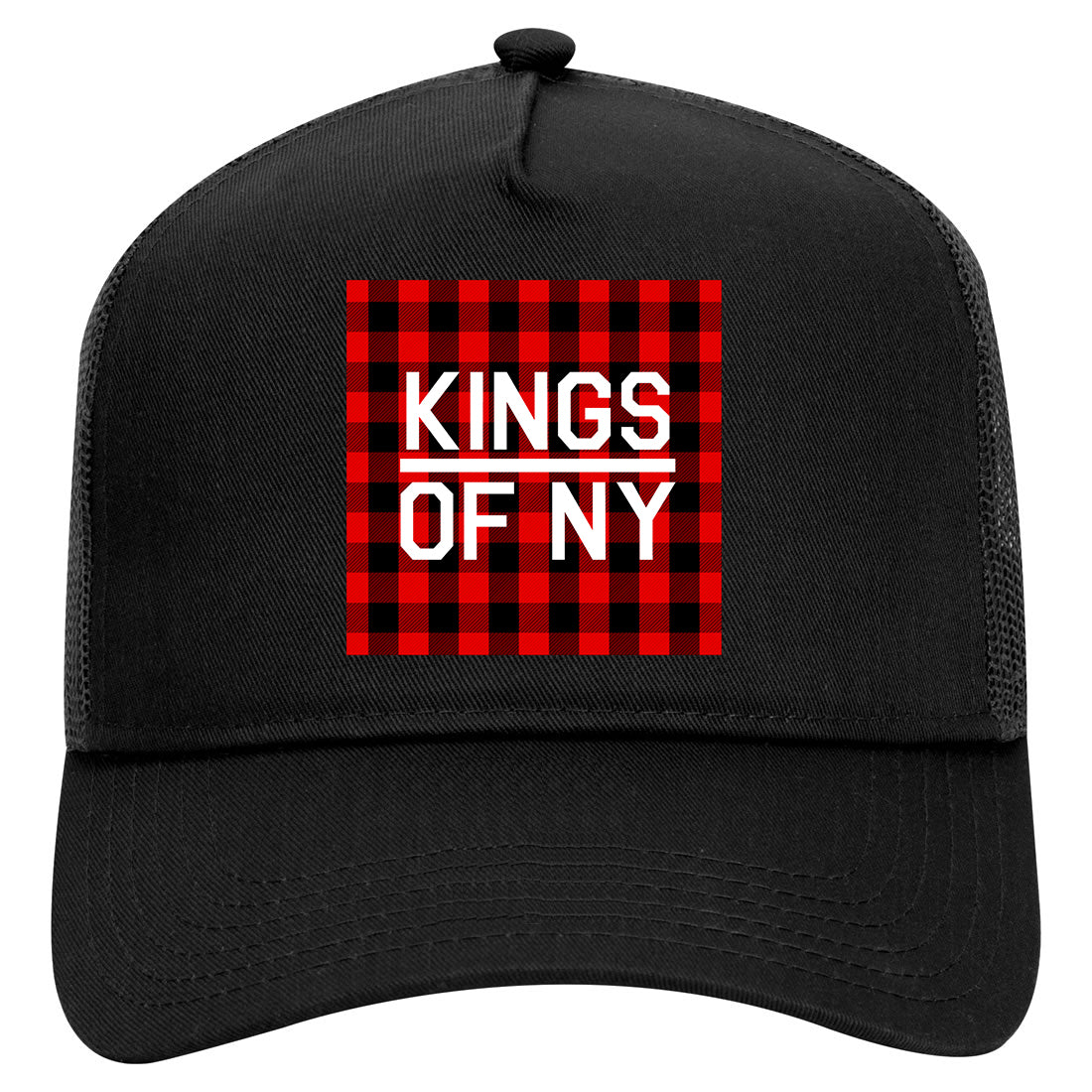 Red Black Buffalo Plaid Box Logo Mens Mesh Trucker Hat Black