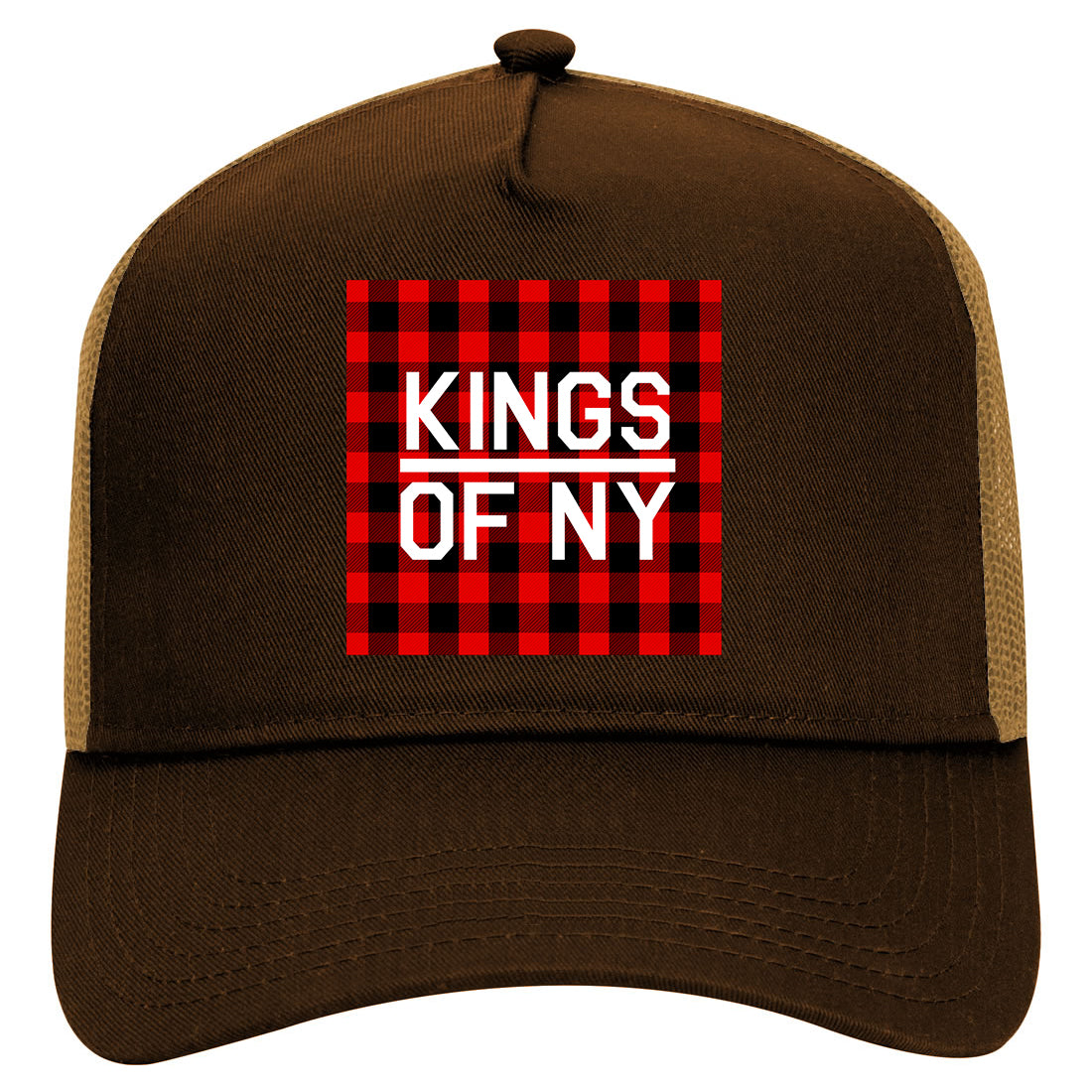 Red Black Buffalo Plaid Box Logo Mens Mesh Trucker Hat Brown