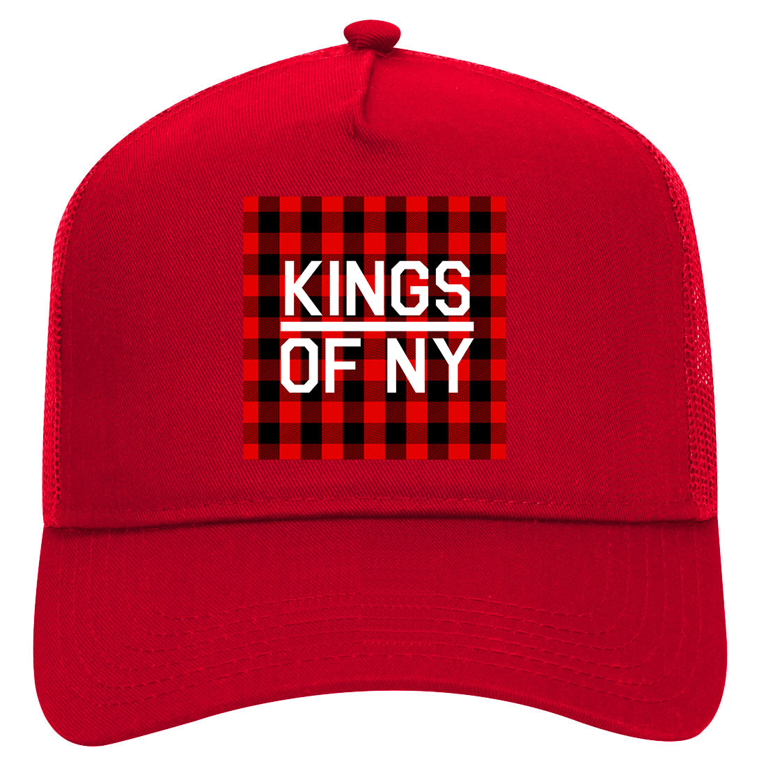 Red Black Buffalo Plaid Box Logo Mens Mesh Trucker Hat Red