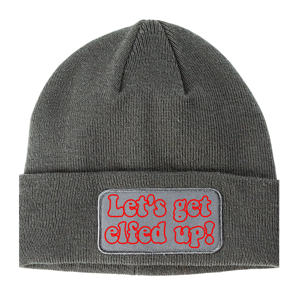 Red Lets Get Elfed Up Funny Christmas Winter Knit Adult Beanie Hat Grey