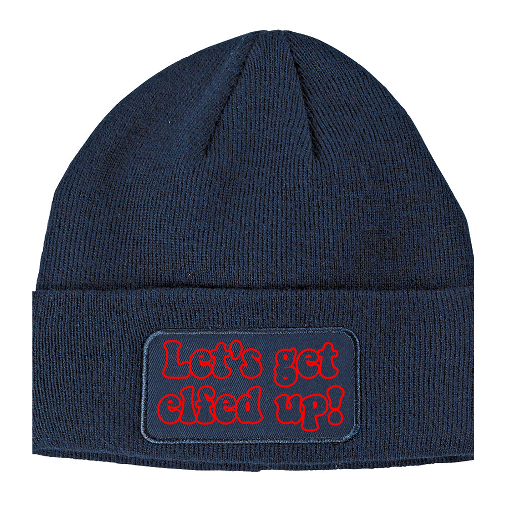 Red Lets Get Elfed Up Funny Christmas Winter Knit Adult Beanie Hat Navy Blue