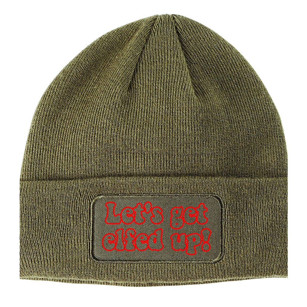 Red Lets Get Elfed Up Funny Christmas Winter Knit Adult Beanie Hat Olive Green