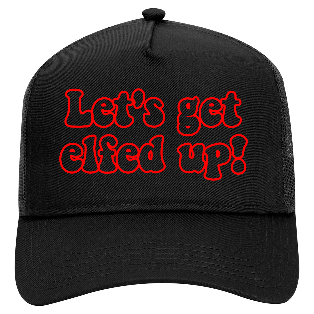 Red Lets Get Elfed Up Funny Christmas Mens Mesh Trucker Hat Black