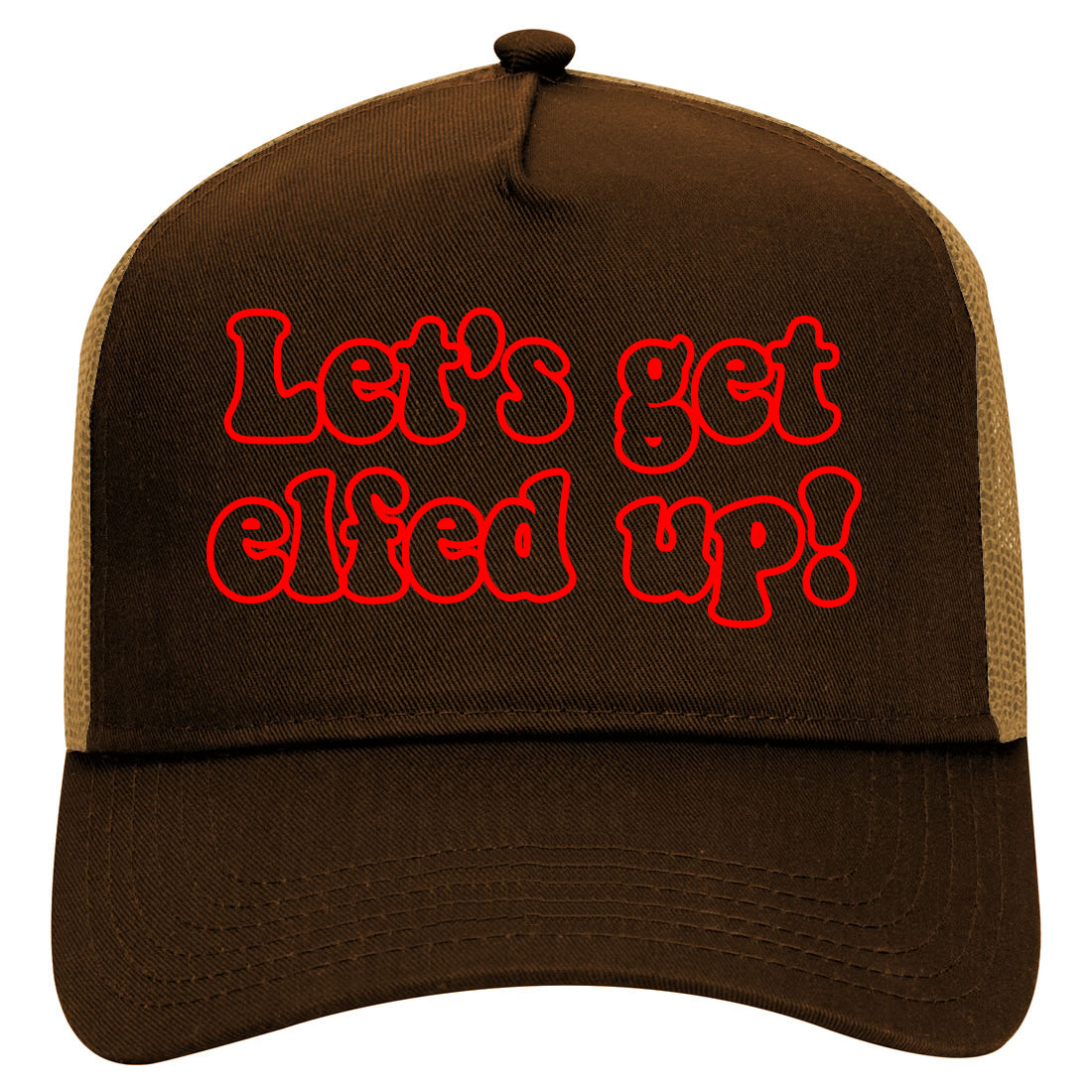 Red Lets Get Elfed Up Funny Christmas Mens Mesh Trucker Hat Brown