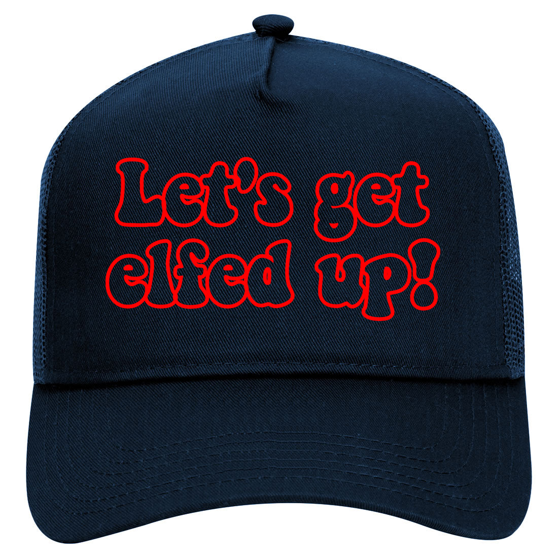 Red Lets Get Elfed Up Funny Christmas Mens Mesh Trucker Hat Navy Blue