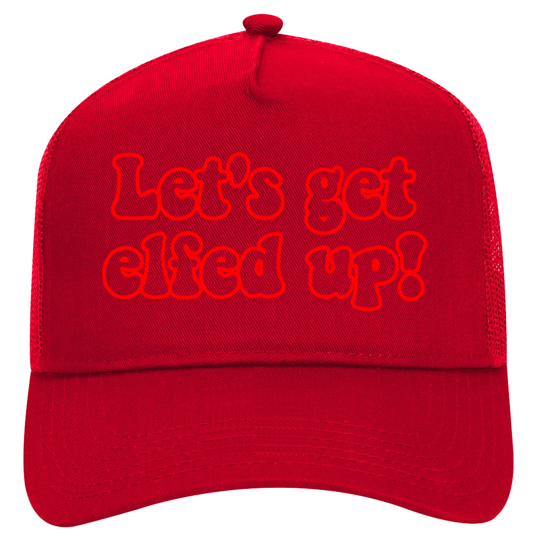 Red Lets Get Elfed Up Funny Christmas Mens Mesh Trucker Hat Red