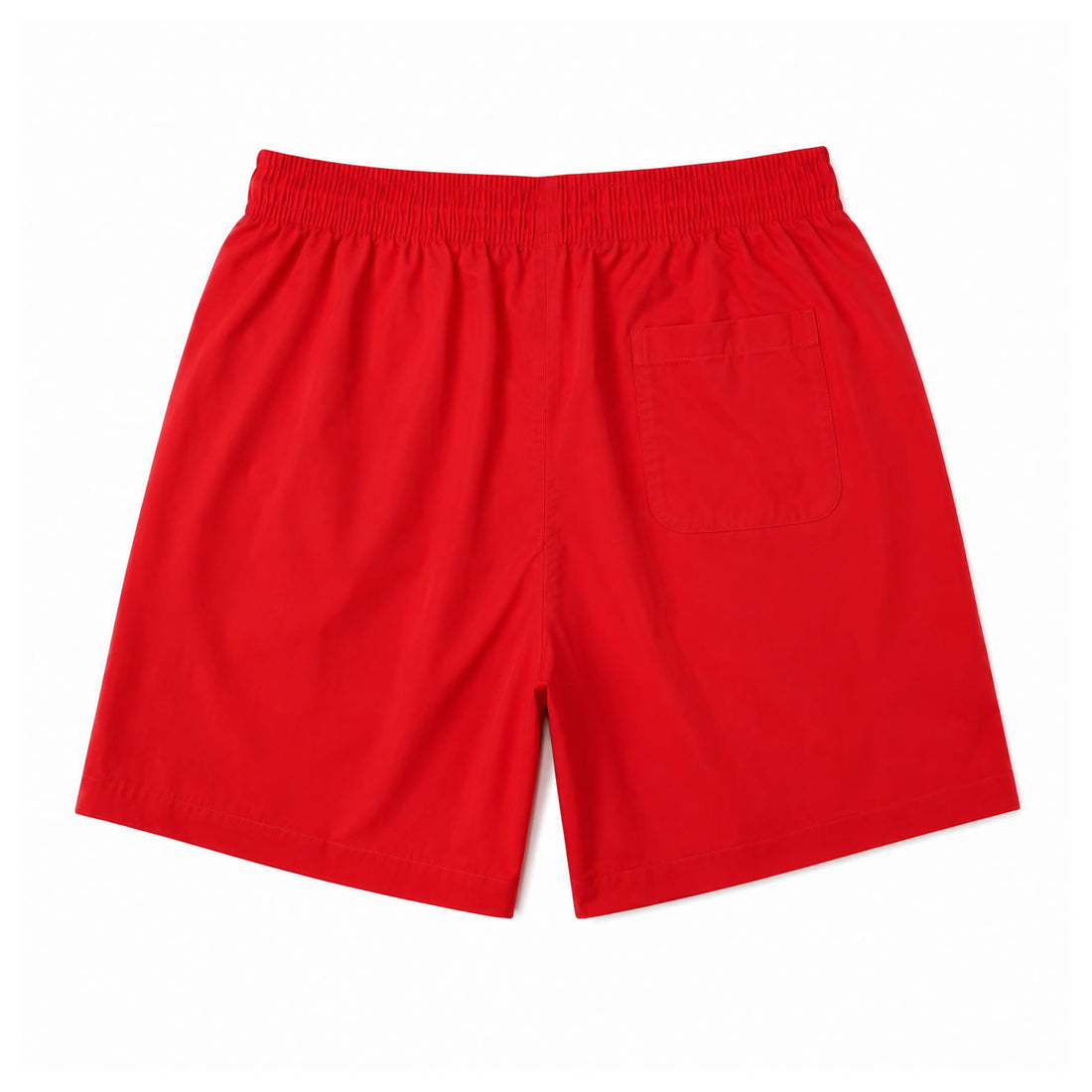 Red athletic shorts with an elastic waistband and a side pocket, shown flat on a white background.