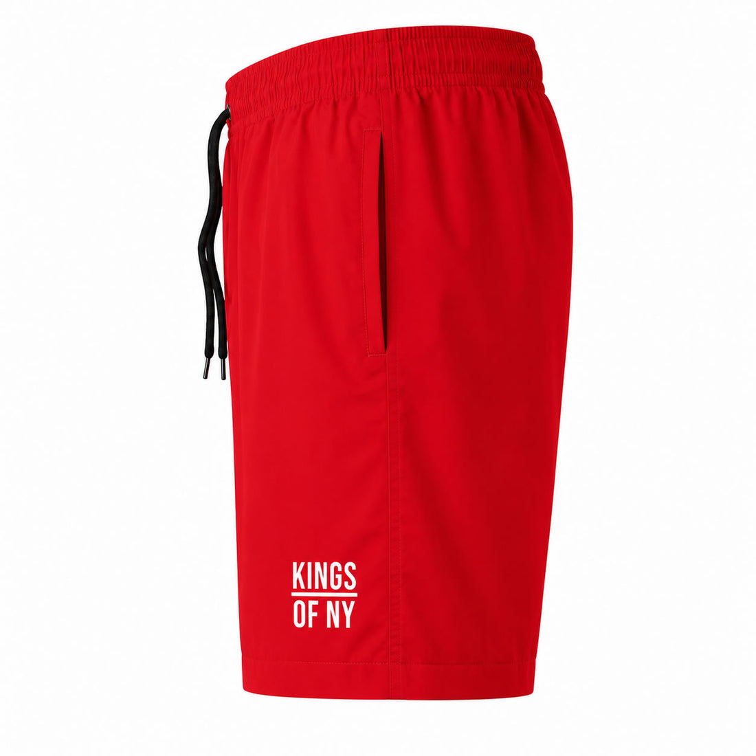 Red athletic shorts with a black drawstring and white 'KINGS OF NY' text printed on the lower left leg, shown against a plain white background.