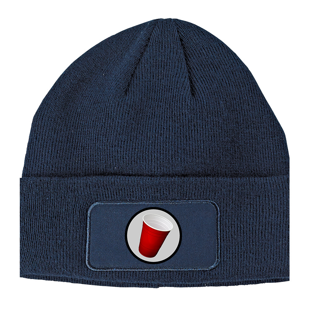 Red Party Cup Winter Knit Adult Beanie Hat Navy Blue
