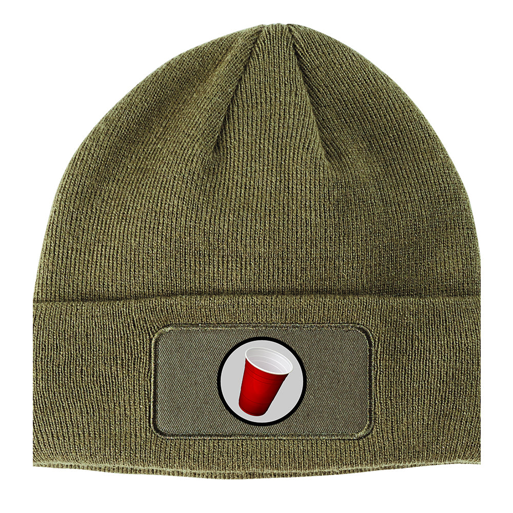 Red Party Cup Winter Knit Adult Beanie Hat Olive Green