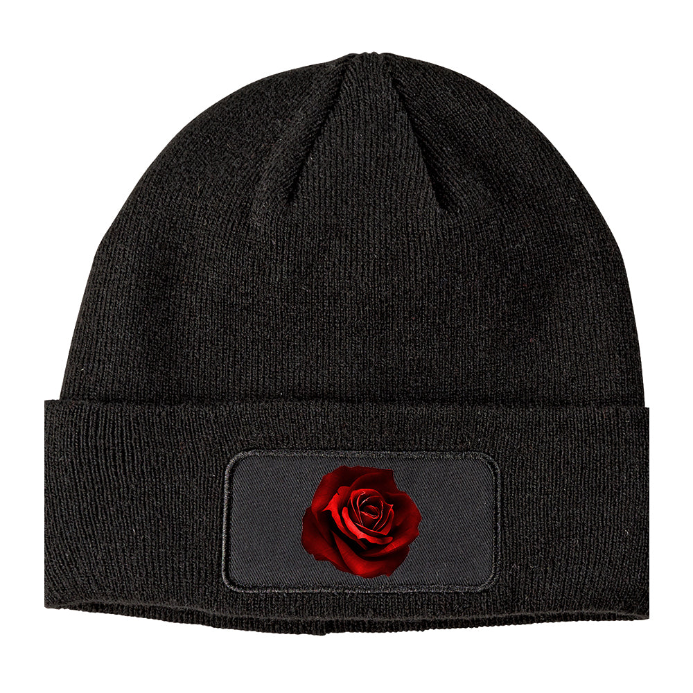 Red Rose Winter Knit Adult Beanie Hat Black