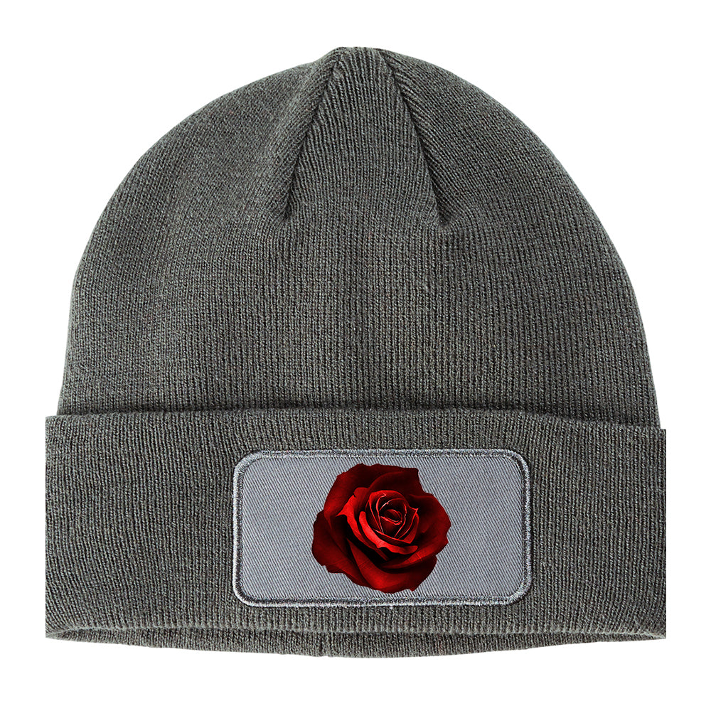 Red Rose Winter Knit Adult Beanie Hat Grey