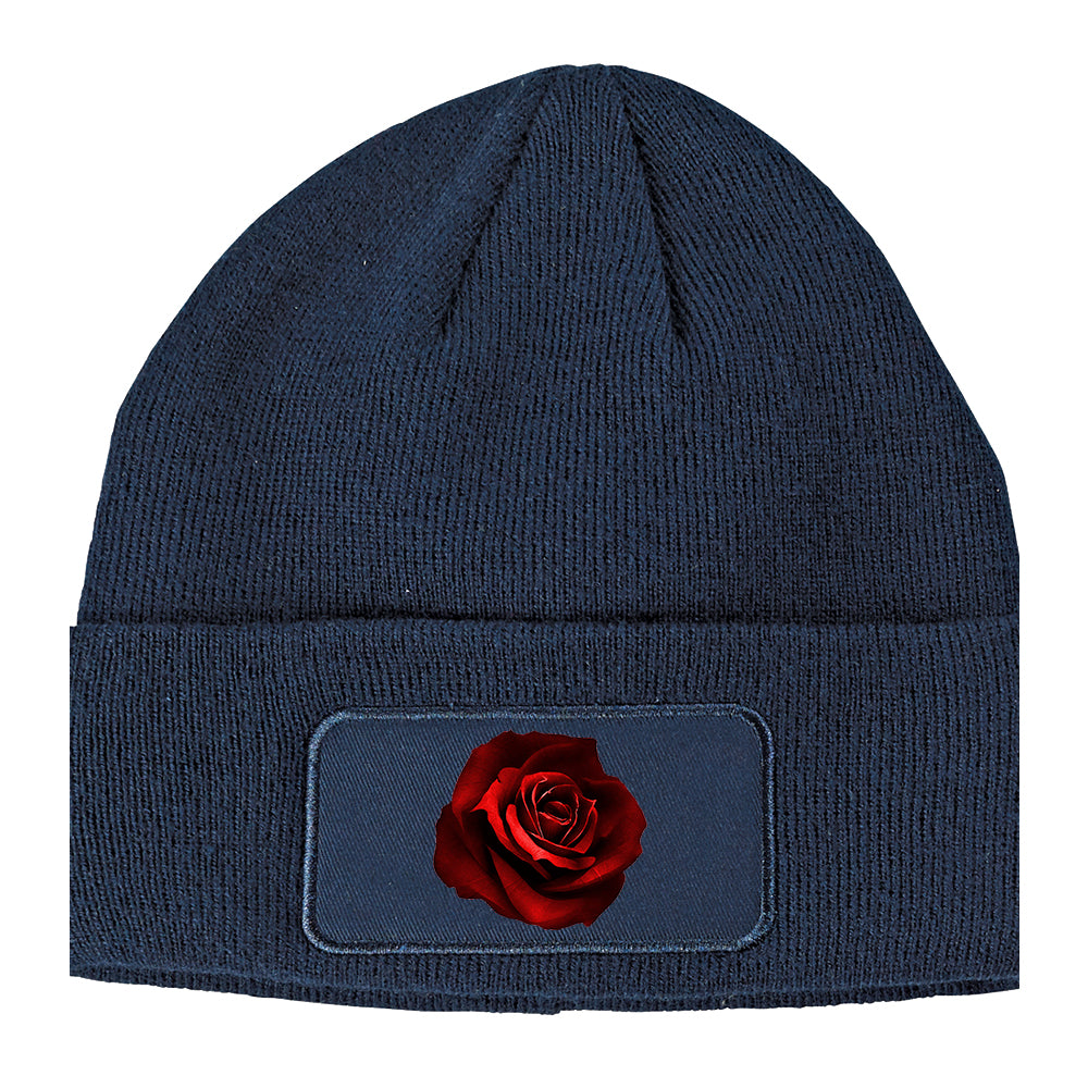Red Rose Winter Knit Adult Beanie Hat Navy Blue