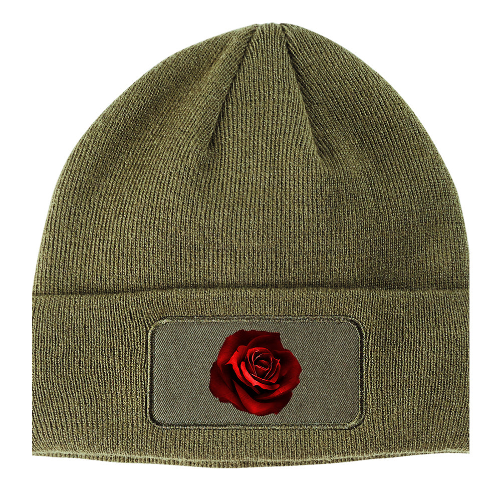 Red Rose Winter Knit Adult Beanie Hat Olive Green