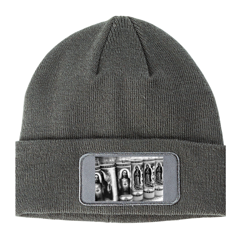Religious Prayer Candles Winter Knit Adult Beanie Hat Grey