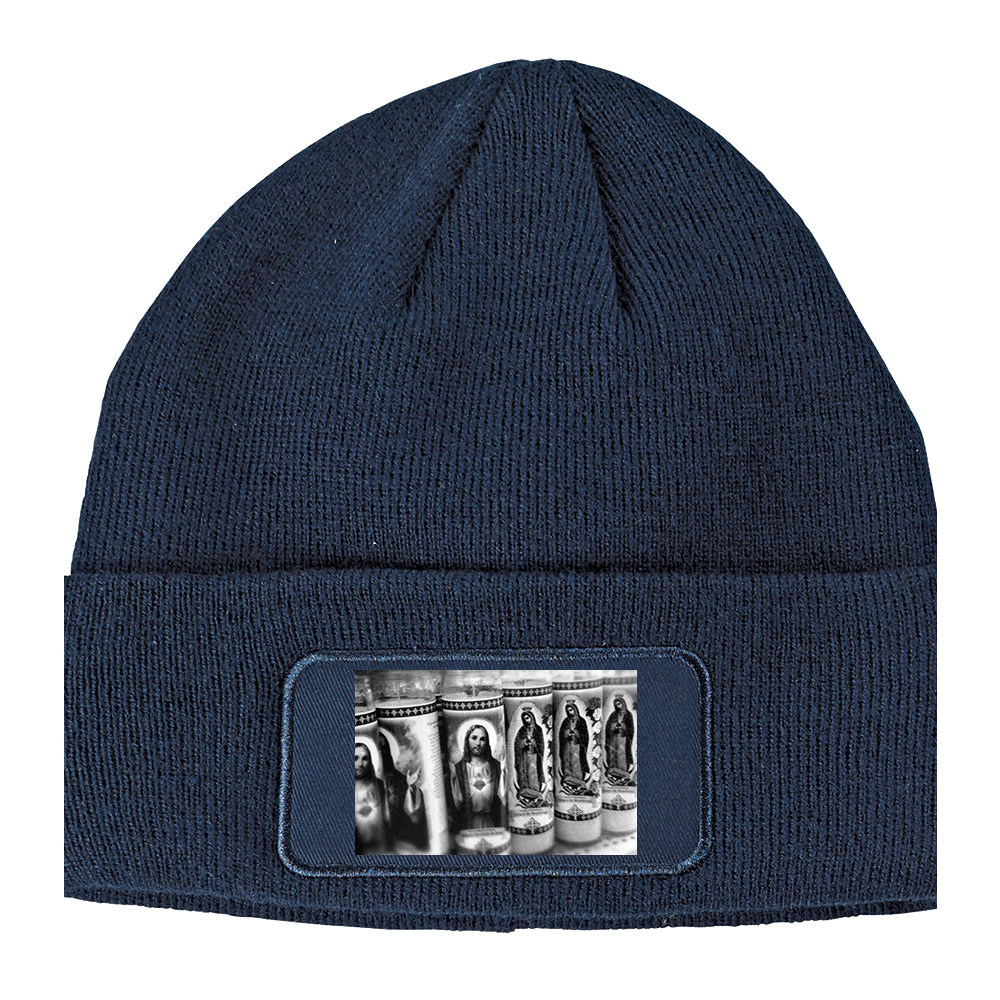 Religious Prayer Candles Winter Knit Adult Beanie Hat Navy Blue