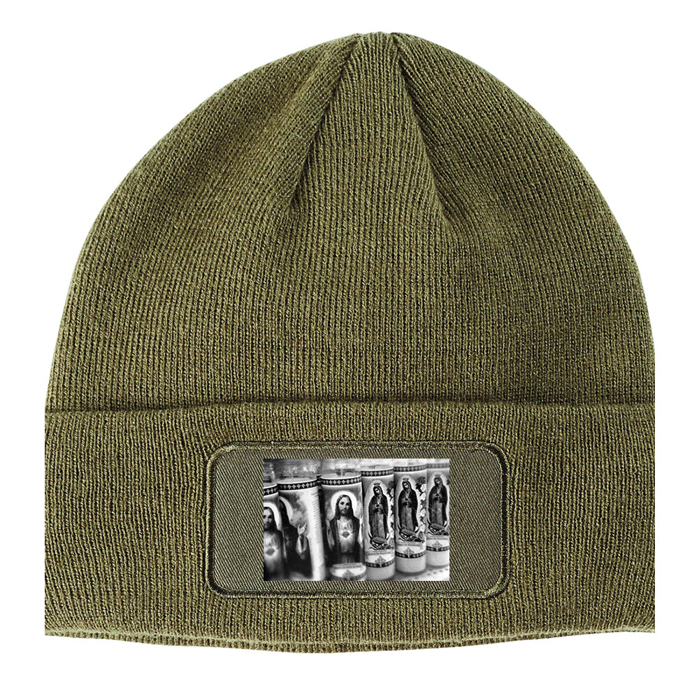 Religious Prayer Candles Winter Knit Adult Beanie Hat Olive Green
