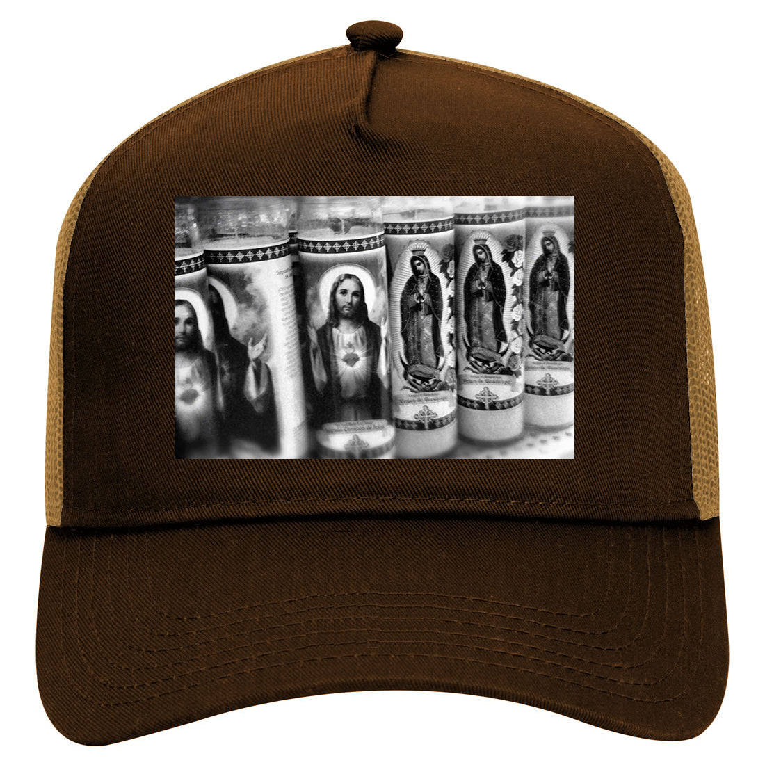 Religious Prayer Candles Mens Mesh Trucker Hat Brown