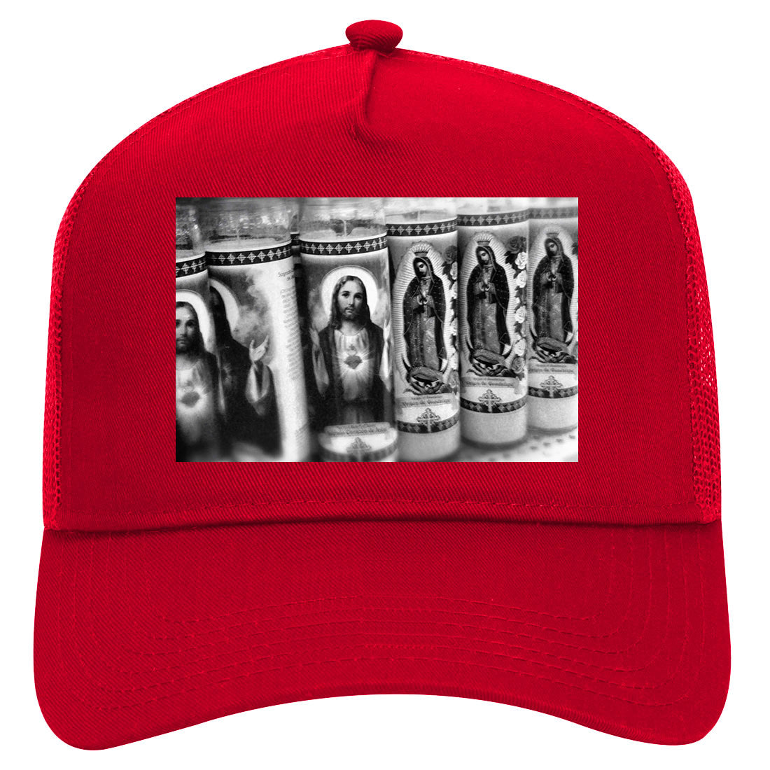 Religious Prayer Candles Mens Mesh Trucker Hat Red