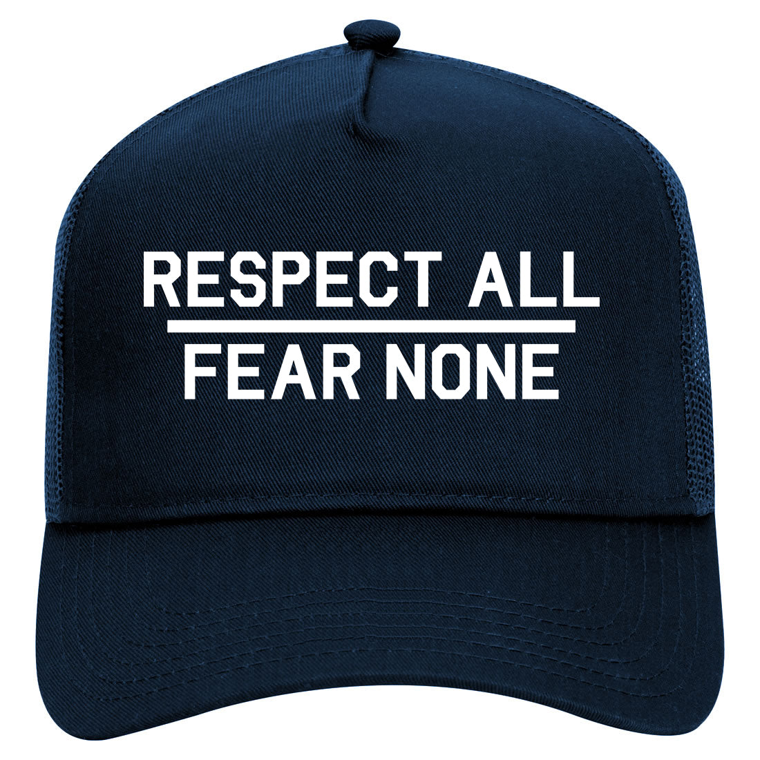 Respect All Fear None Mens Mesh Trucker Hat Navy Blue