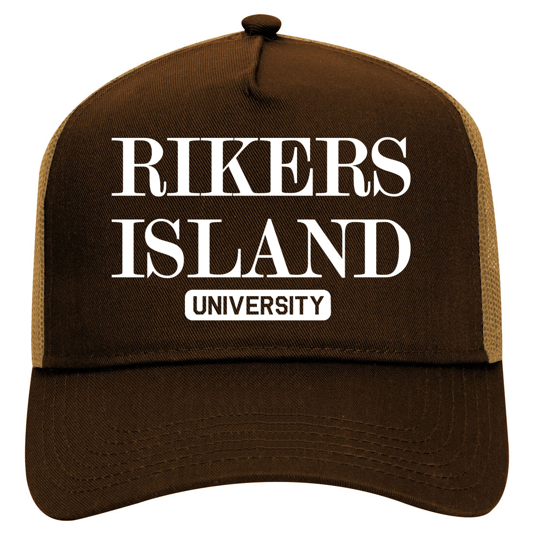 Rikers Island University Mens Mesh Trucker Hat Brown