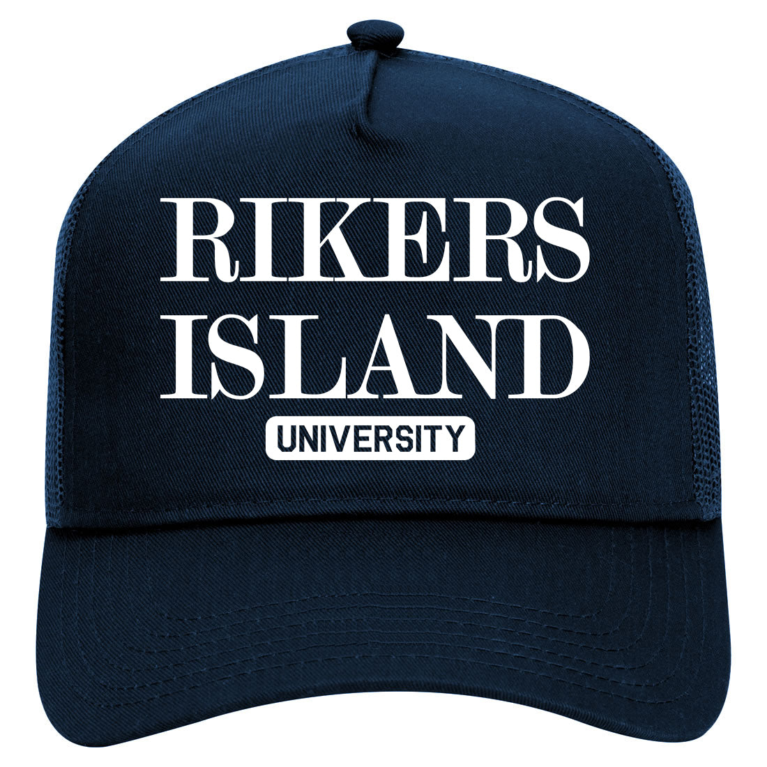 Rikers Island University Mens Mesh Trucker Hat Navy Blue