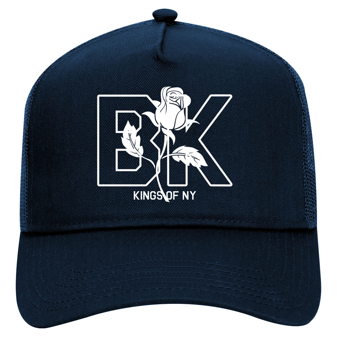 Rose BK Brooklyn Kings Of NY Mens Mesh Trucker Hat Navy Blue