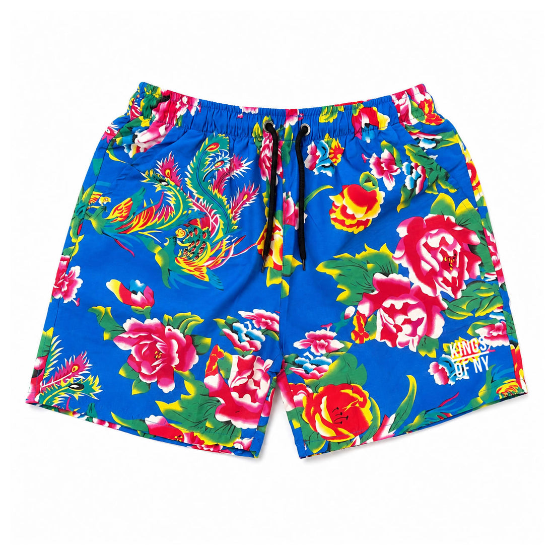 Blue Floral Print Logo Men's Casual Drawstring Shorts