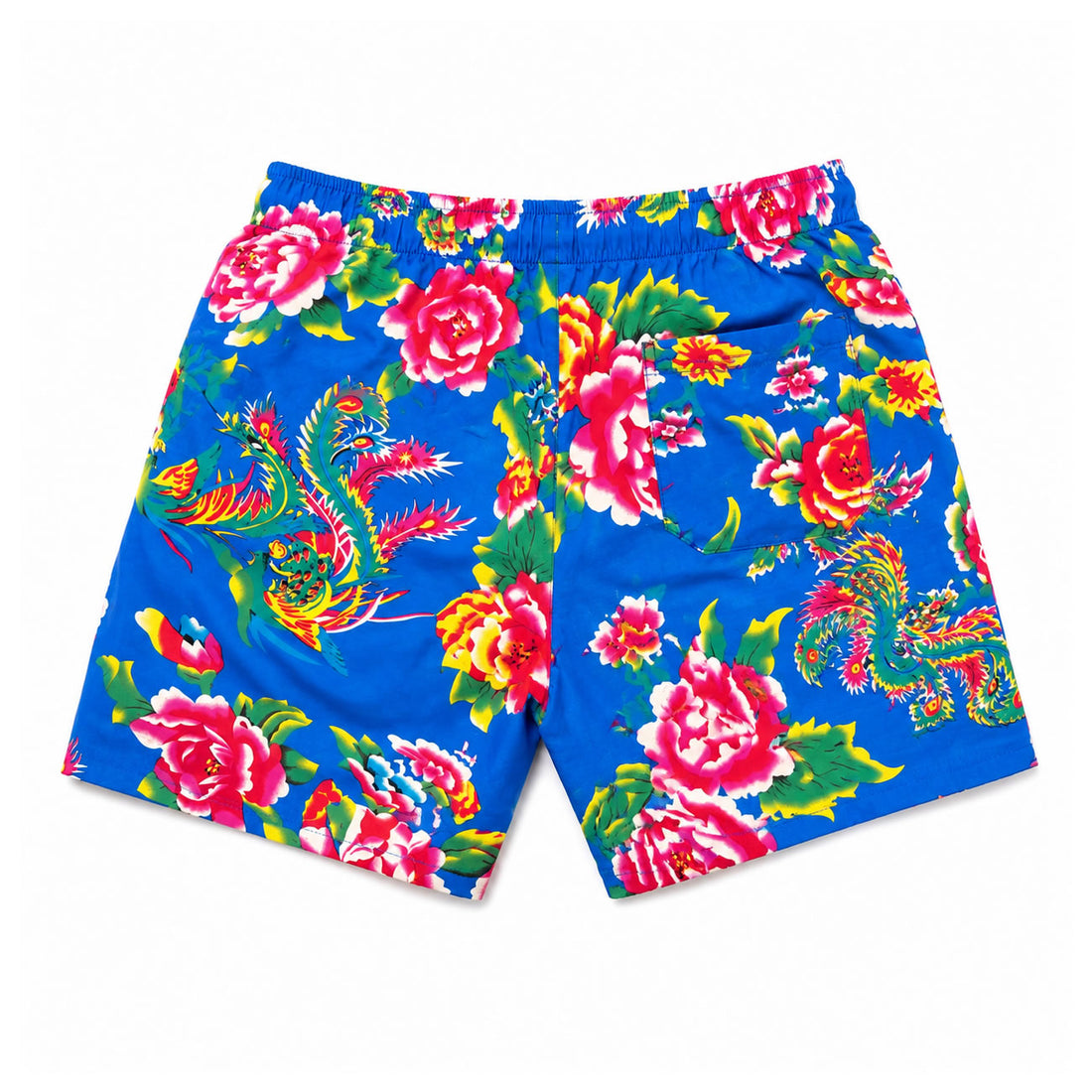 Blue Floral Print Logo Men's Casual Drawstring Shorts Back
